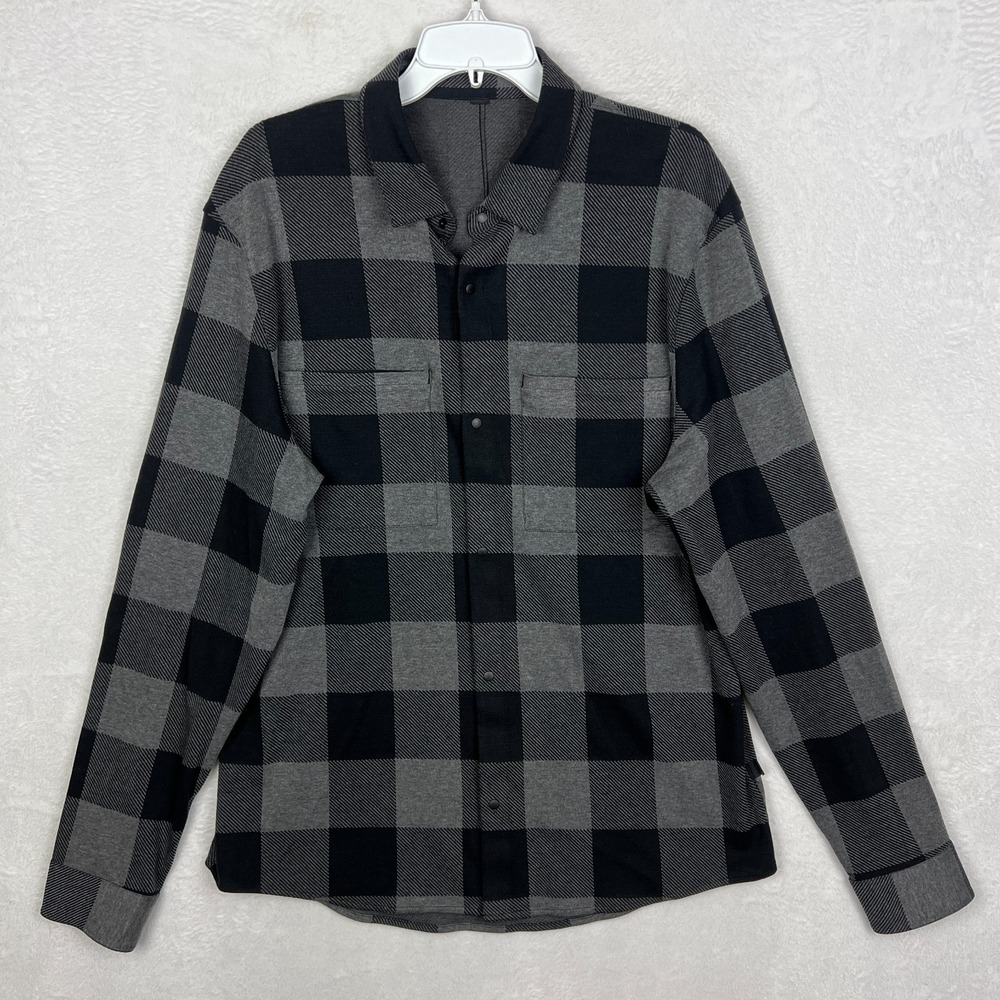 Lululemon Flannel‎ Snap Button Shirt Mens XL Gray Black Long Sleeve Zip Pockets